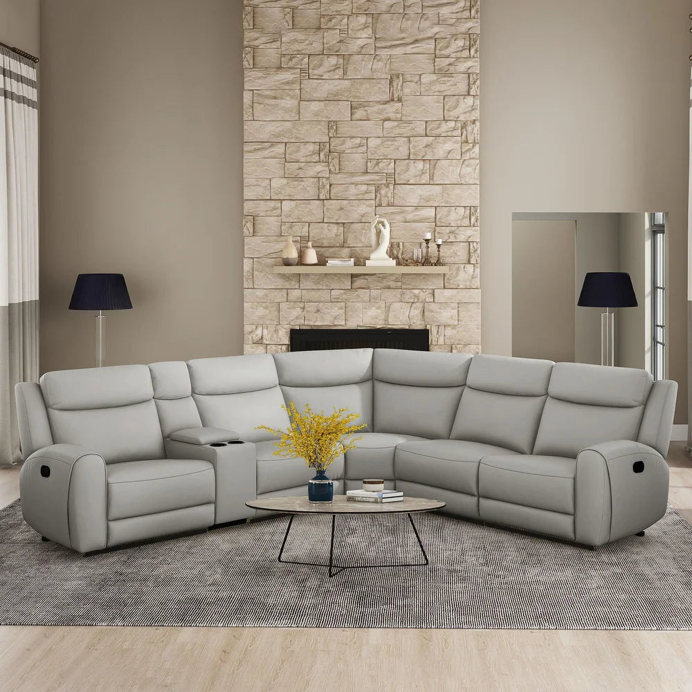 Furniture of America Kingsley Top Grain Leather Reclining Sectional Sofa with Cup Holders