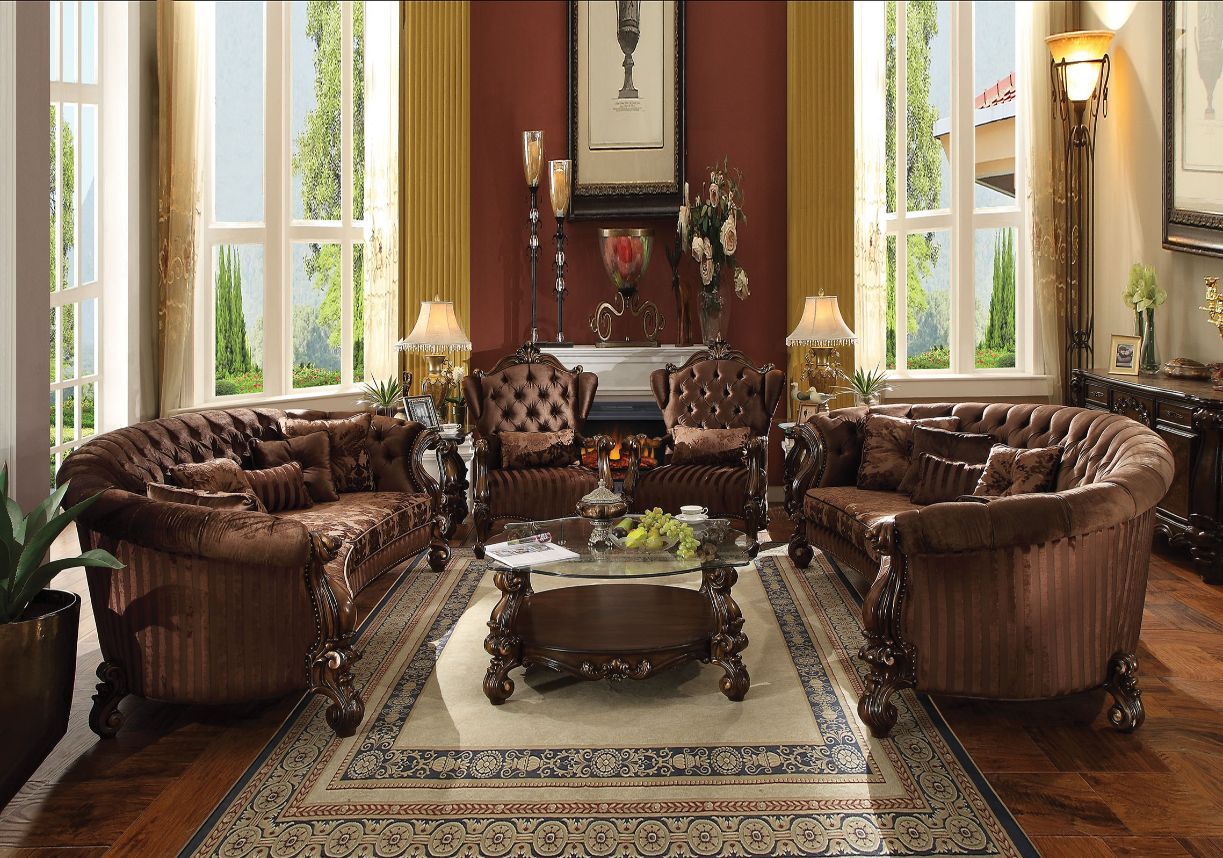 ACME Versailles Brown Velvet Sofa with 5 Pillows