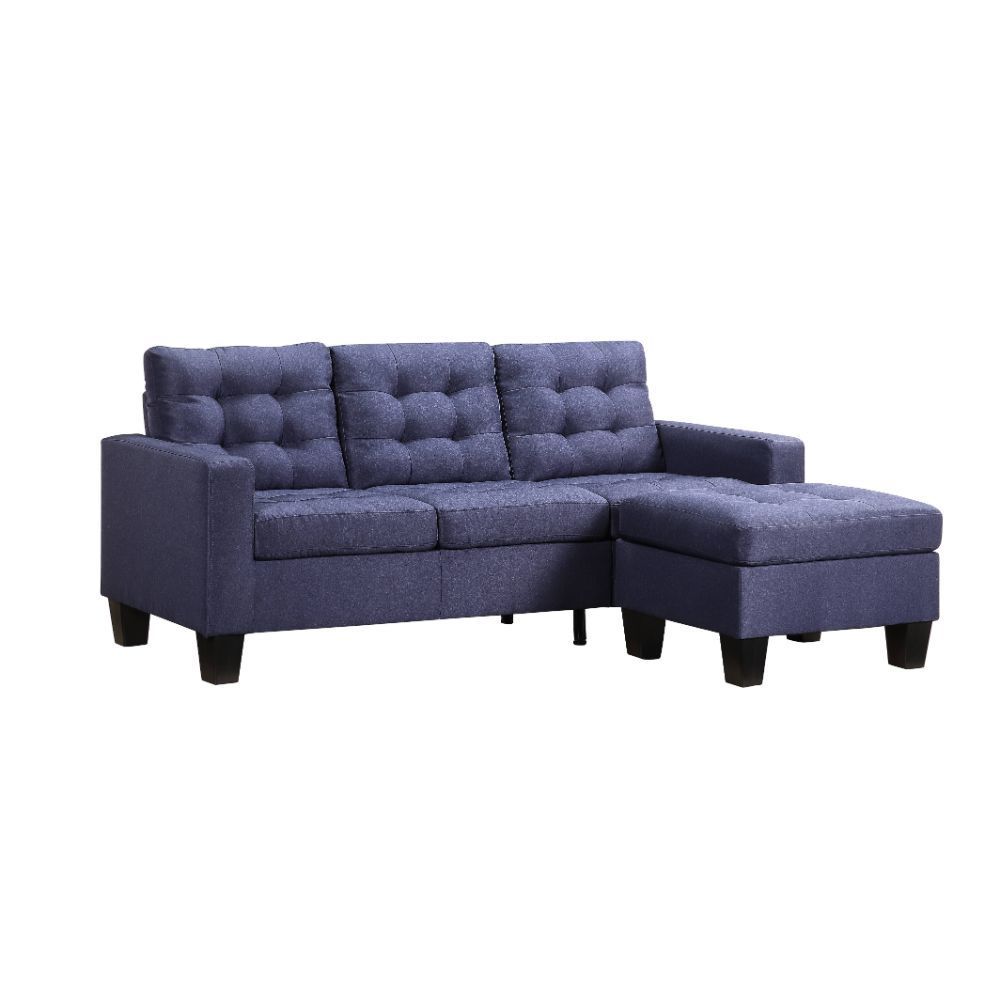 Earsom 81" Sofa and Ottoman with Tight Back, Seat Cushion, Pocket Coil Seat, Wooden Inner Frame, Square Track Armrest and Plastic Tapered Leg in Blue Linen
