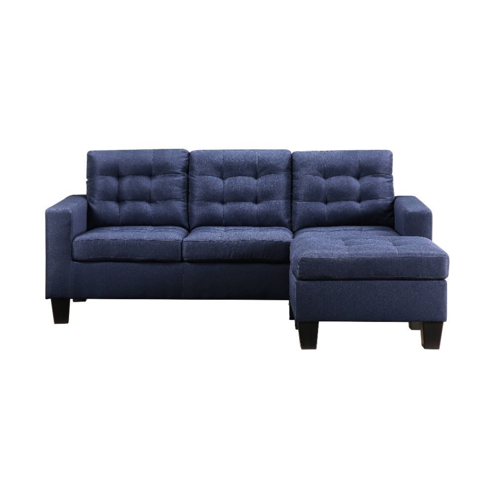 Earsom 81" Sofa and Ottoman with Tight Back, Seat Cushion, Pocket Coil Seat, Wooden Inner Frame, Square Track Armrest and Plastic Tapered Leg in Blue Linen