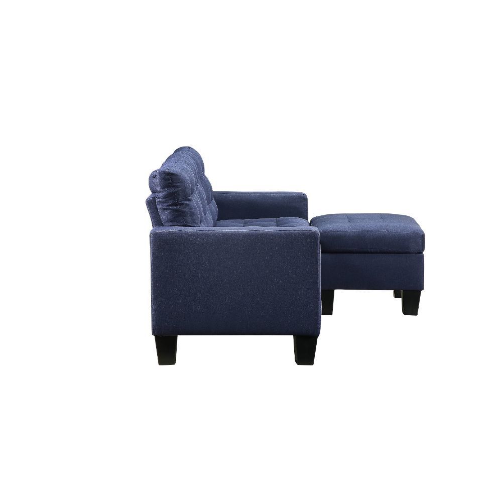 Earsom 81" Sofa and Ottoman with Tight Back, Seat Cushion, Pocket Coil Seat, Wooden Inner Frame, Square Track Armrest and Plastic Tapered Leg in Blue Linen