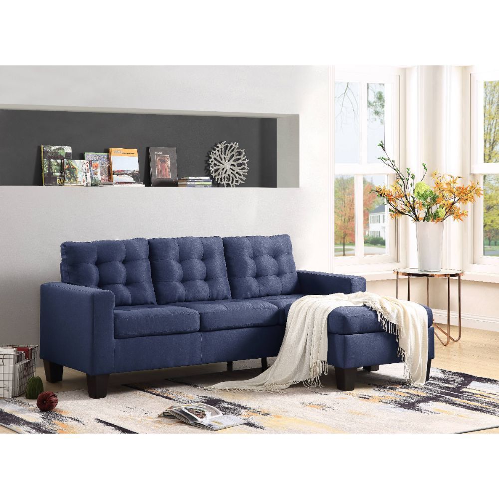 Earsom 81" Sofa and Ottoman with Tight Back, Seat Cushion, Pocket Coil Seat, Wooden Inner Frame, Square Track Armrest and Plastic Tapered Leg in Blue Linen