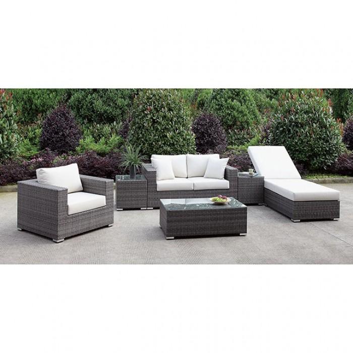 Somani Light Gray Wicker/Ivory Cushion Love Seat+chair+adj Chaise+2 End Tables+coffee Table image