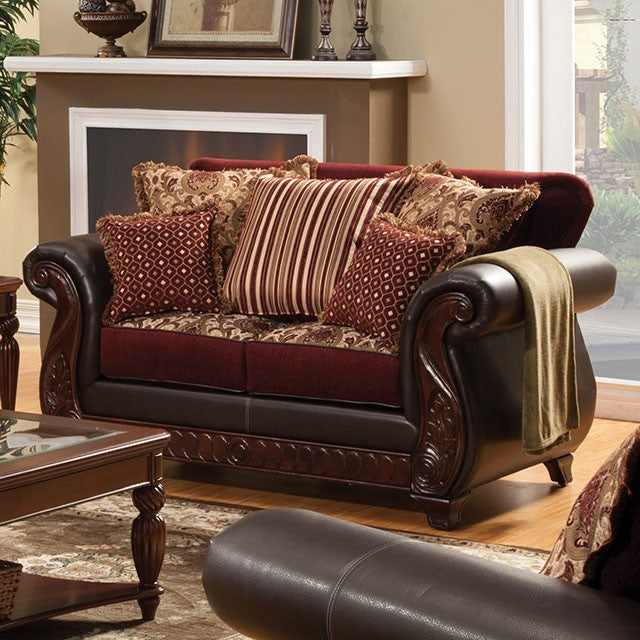 Furniture of America FRANKLIN LOVE SEAT Pillows Included & Intricate Wood Trim US-Made (Incl. Foreign Materials)