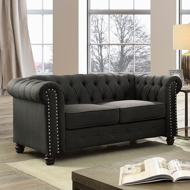 Furniture of America WINIFRED LOVE SEAT Nailhead Trim & Deep Button Tufting Round Bun Feet