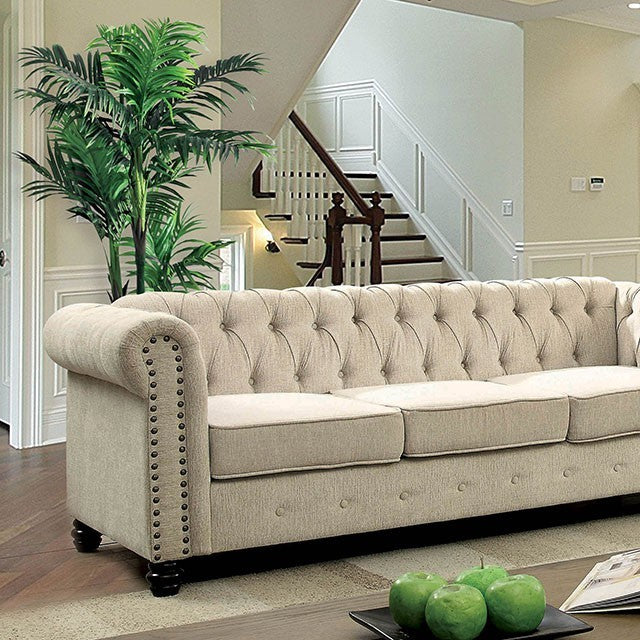 Furniture of America WINIFRED SOFA Nailhead Trim, Deep Button Tufting & Round Bun Feet