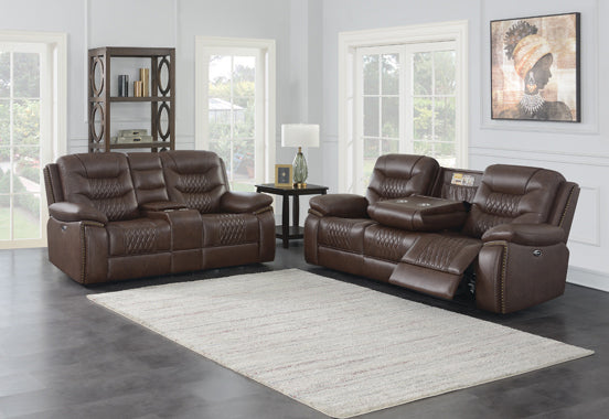 Coaster Flamenco Tufted Upholstered Power Sofa Brown| Breathable Performance Leatherette| Cool gel memory foam| Width: 89.25 in Depth: 39 in Height: 40.75 in