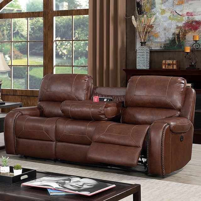 Furniture of America WALTER POWER SOFA Drop-down Table with Cup Holders, Nailhead Trim and USB Oultlet
