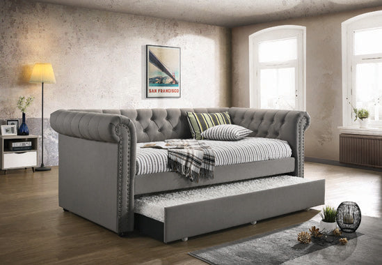Coaster Kepner Tufted Upholstered Daybed Grey With Trundle |Grey fabric |Width: 95.75 in Depth: 43.25 in Height: 37 in