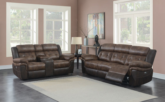 Coaster Saybrook 2-Piece Tufted Cushion Power Living Room Set Chocolate And Dark Brown | Performance coated microfiber