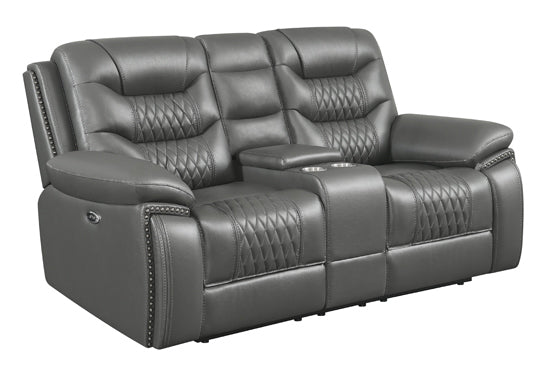 Coaster Flamenco Tufted Upholstered Motion Loveseat With Console Charcoal |Width: 78.25 in Depth: 39 in Height: 40.75 in |Breathable performance leatherette