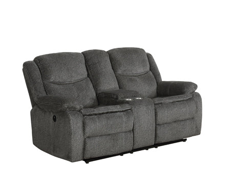 Coaster Jennings Upholstered Motion Loveseat With Console Charcoal |Width: 74.5 in Depth: 36.5 in Height: 40.25 in |Performance Chenille