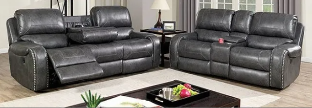 Furniture of America WALTER SOFA Leatherette, Solid Wood, Sofa w, Cup holders in Drop-down Table and Nailhead Trim