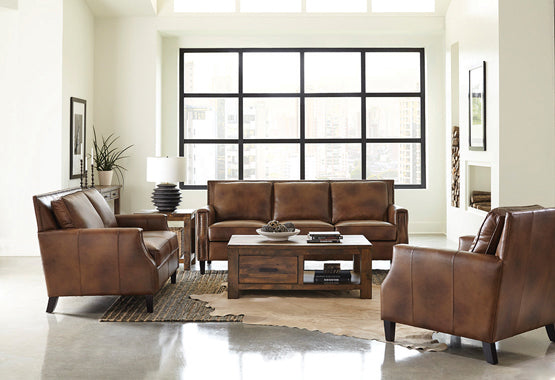 Coaster Leaton 3-Piece Recessed Arms Living Room Set Brown Sugar |Leather and Split