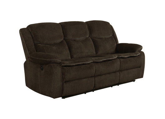 Coaster Jennings Upholstered Motion Sofa With Drop-Down Table Brown |Width: 85 in Depth: 36.5 in Height: 40.25 in |Performance Chenille