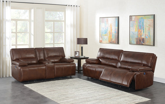 Coaster Southwick 2-Piece Pillow Top Arm Power Living Room Set Saddle Brown |Top grain leather match PVC