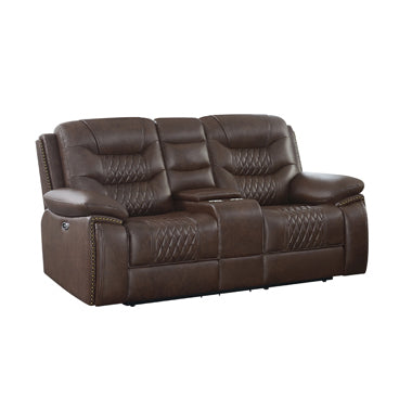 Coaster Flamenco Tufted Upholstered Motion Loveseat With Console Brown |Width: 78.25 in Depth: 39 in Height: 40.75 in |Breathable performance leatherette