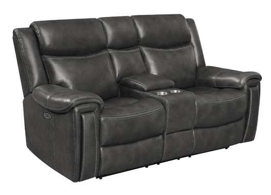 Coaster Shallowford Upholstered Power^2 Loveseat With Console Hand Rubbed Charcoal |Leather/PVC |Width: 79 in Depth: 42.5 in Height: 42 in