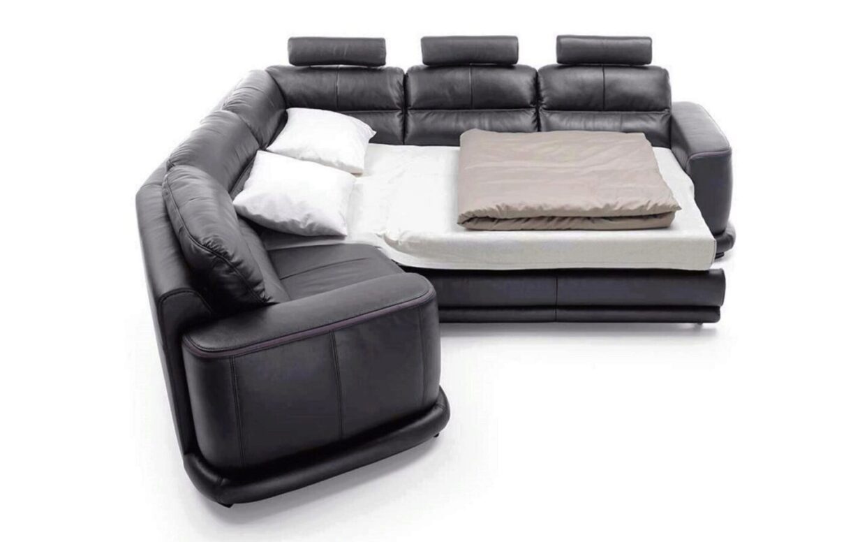 ESF Camino Black Italian Genuine Leather Sectional Sofa Bed