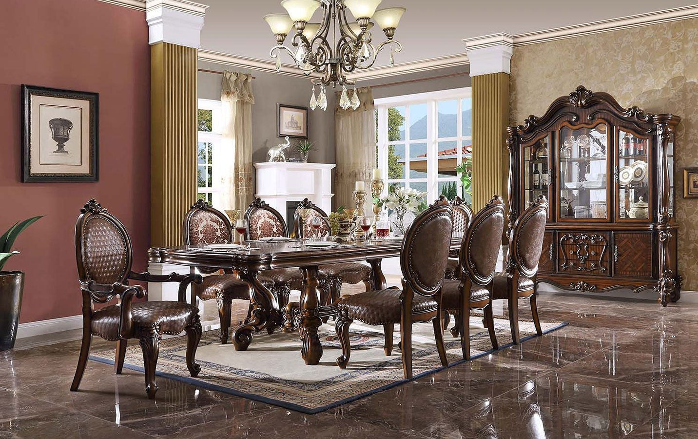 Versailles 120 Inch Dining Room Set w/ Oval Back Chairs (Cherry Oak)