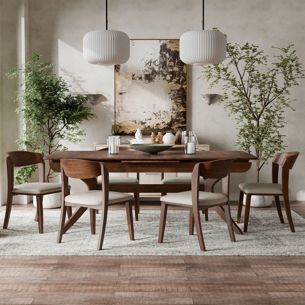 Furniture of America Abigail IV Mid-Century Modern 7-Piece Rich Walnut Solid Wood Extendable Dining Set with Self-Storing Leaf