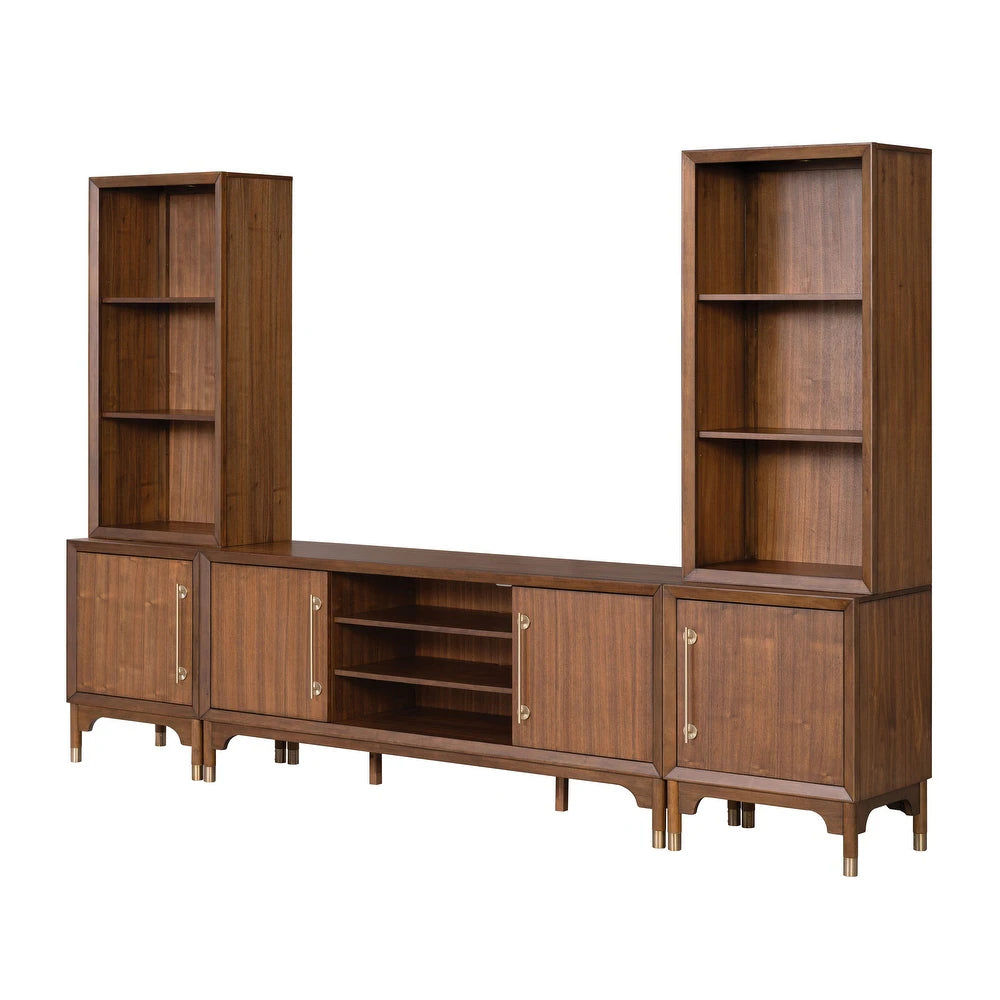 Furniture of America Forma Mid-Century Modern Walnut 5-Piece 118-inch Entertainment Center with LED Lights and 21 Shelves