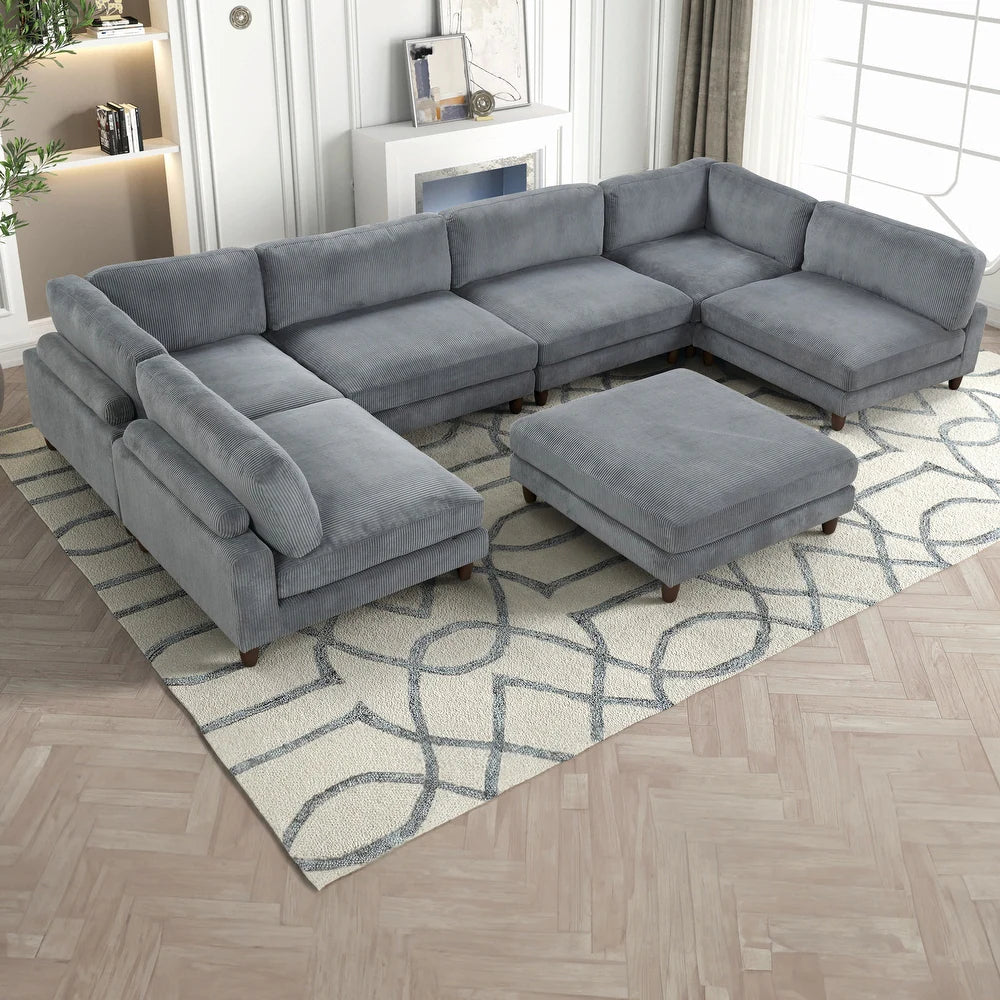 Furniture of America Sienta Modern 7-Piece Corduroy Modular Sectional Set with Ottoman