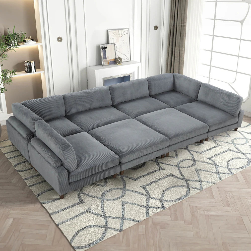 Furniture of America Sienta Modern 8-Piece Corduroy Modular Sectional with 2 Ottomans