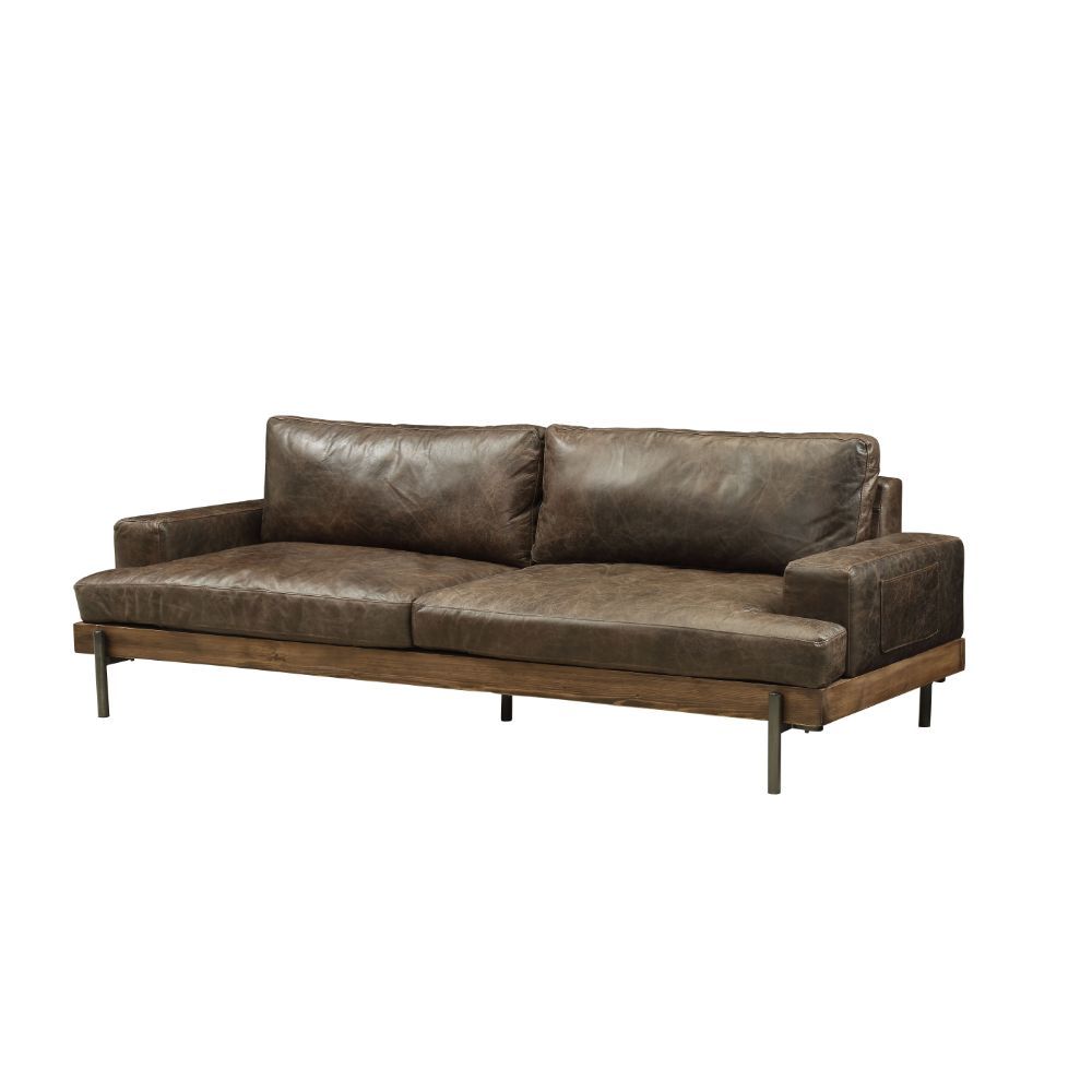 ACME Silchester Sofa, Oak & Distress Chocolate Top Grain
