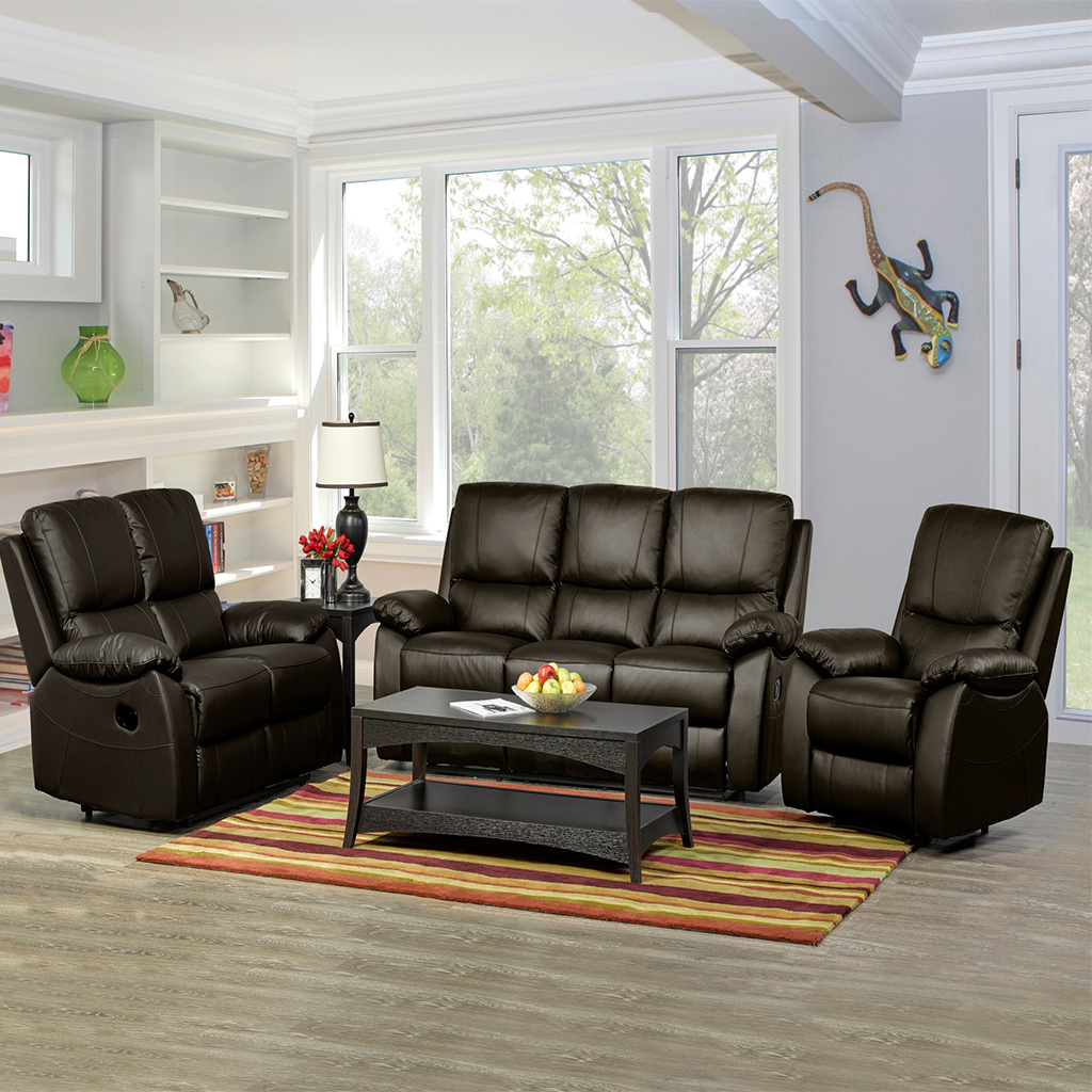 ESF Dark Brown Top-grain Leather 1415 Manual Recliner Sofa Set