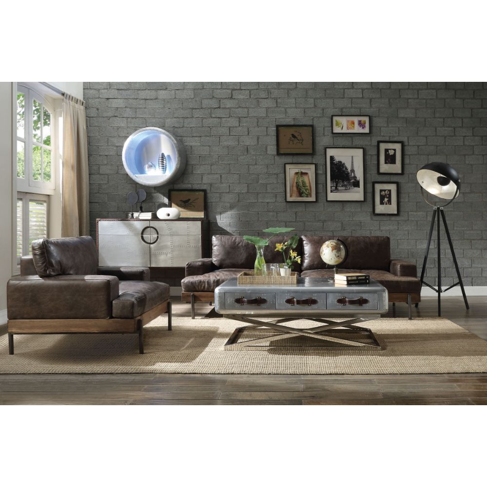 ACME Silchester Sofa, Oak & Distress Chocolate Top Grain