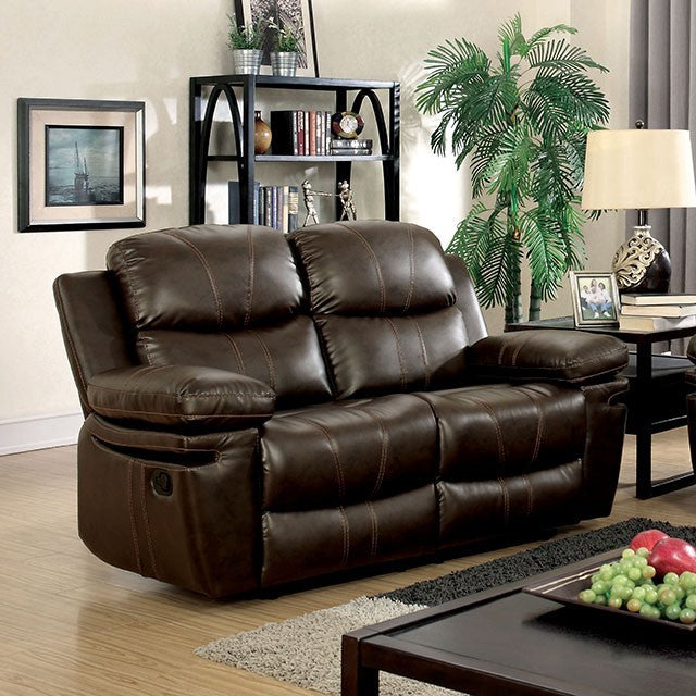 Transitional Brown Bonded Leather Recliner Sofa and Loveseat