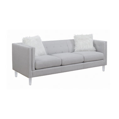 Coaster Glacier Tufted Upholstered Sofa Light Grey| Shimmery woven|  Romantic Softness Elegant Sofa| Accent pillows included