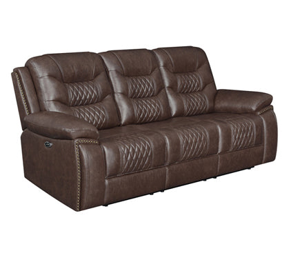 Coaster Flamenco Tufted Upholstered Power Sofa Brown| Breathable Performance Leatherette| Cool gel memory foam| Width: 89.25 in Depth: 39 in Height: 40.75 in