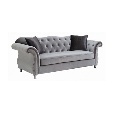 Coaster Frostine Button Tufted Sofa Silver| Velvet| Accent pillows included