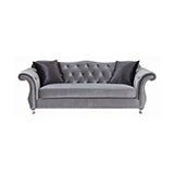 Coaster Frostine Button Tufted Sofa Silver| Velvet| Accent pillows included