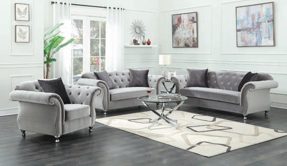Coaster Frostine Button Tufted Sofa Silver| Velvet| Accent pillows included