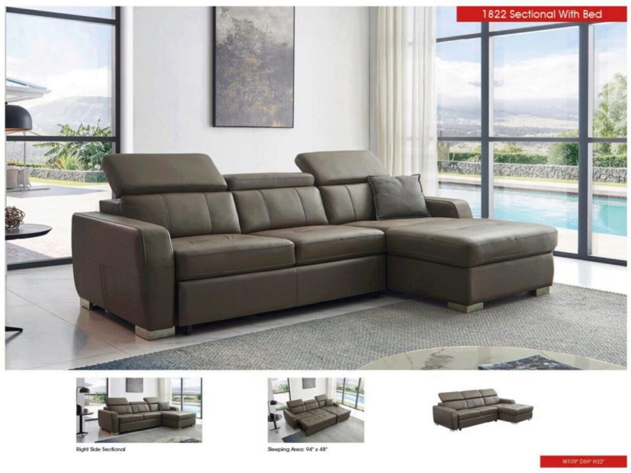 ESF 1822 Modern Taupe Top-grain Leather Sectional Sofa Right w/Bed