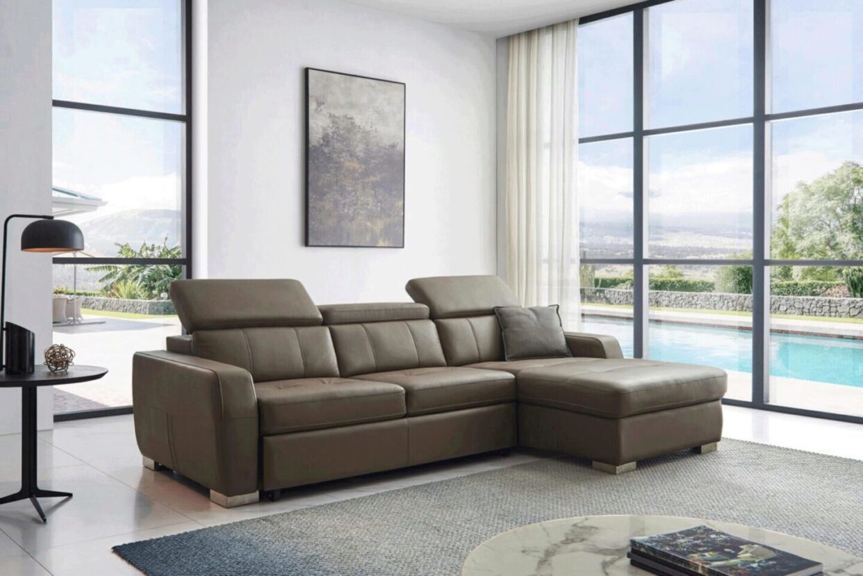 ESF 1822 Modern Taupe Top-grain Leather Sectional Sofa Right w/Bed