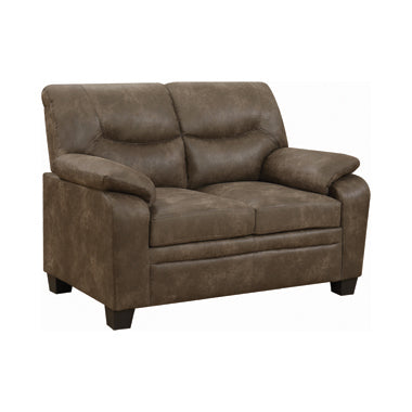 Coaster Meagan Upholstered Loveseat Brown With Pillow Top Arms|  Coated microfiber| Width: 59 in Depth: 35.5 in Height: 39 in