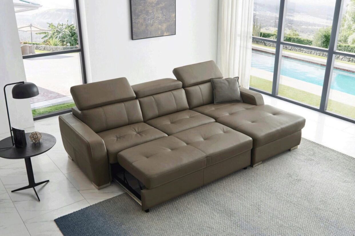 ESF 1822 Modern Taupe Top-grain Leather Sectional Sofa Right w/Bed